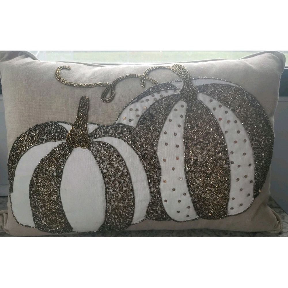 Beaded Pumpkin Fall Throw Pillow New Without Tags 19 x 13 Gold Beige White